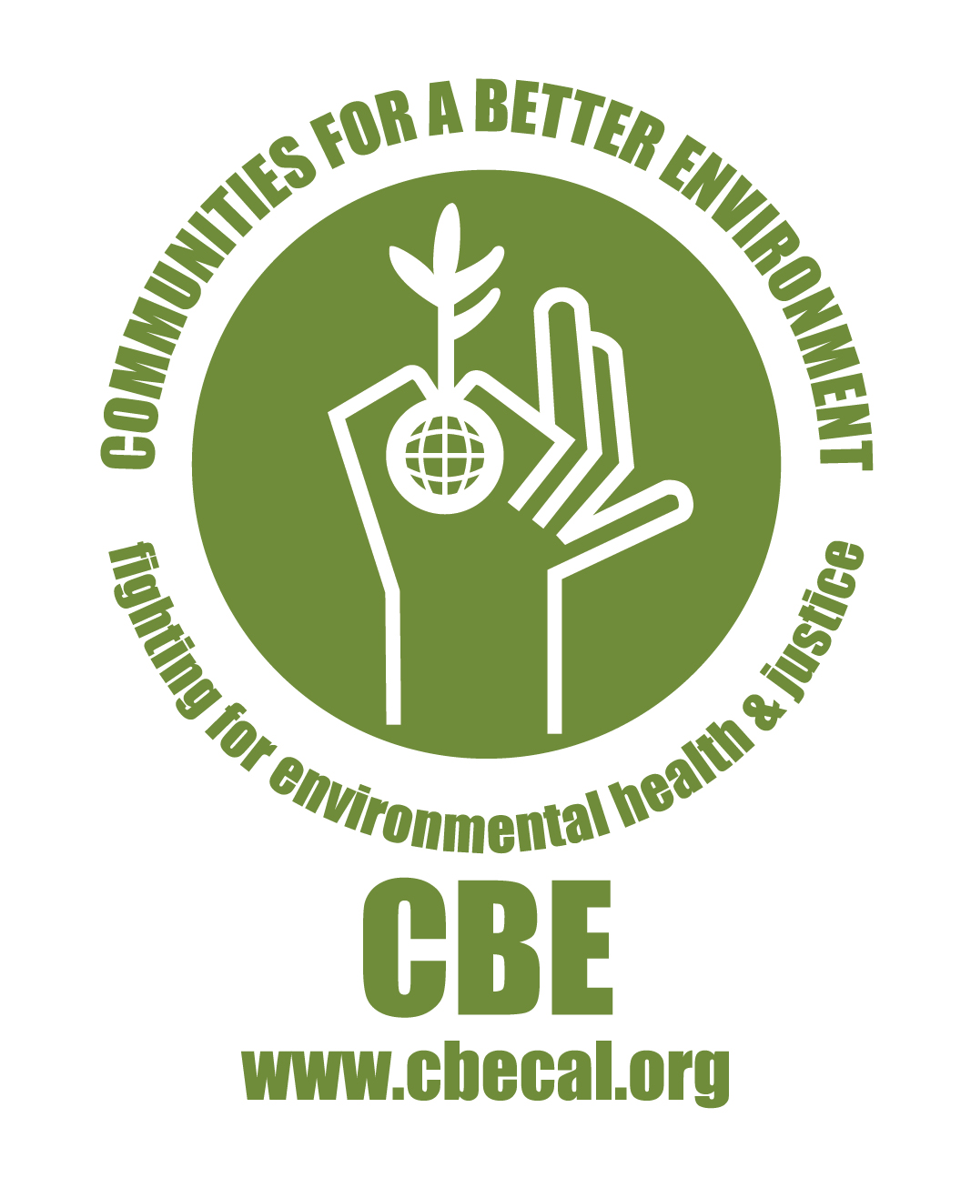logo, says Communities For a Better Environment fighting for environmental health and justice, hand holding seed illustration
