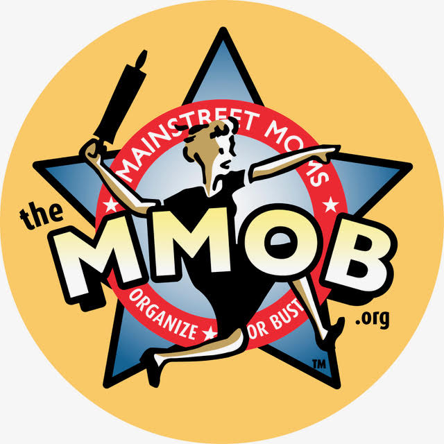 logotipo circular, dice Mainstreet Moms, Organize o Bust, muestra la ilustración de una mujer, un rodillo de masa en la mano, una estrella en el fondo