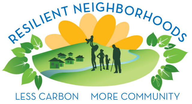logo, says Resilient Neighborhoods says less carbon more community, illustration of family, sunshine, hills, river, homes