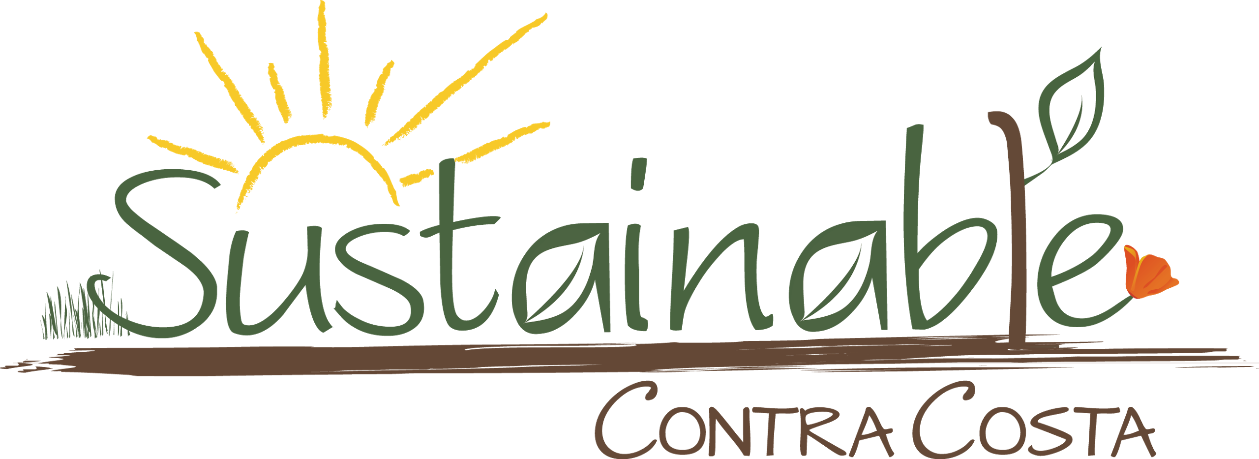 Logo, sagt Sustainable Contra Costa, zeigt eine Illustration von Gartenerde, Pflanze, Blume, Sonnenschein