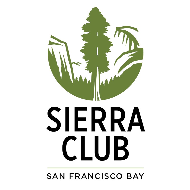logo, says Sierra Club, San francisco Bay, shows illustration of sequoia tree, mountains, forest