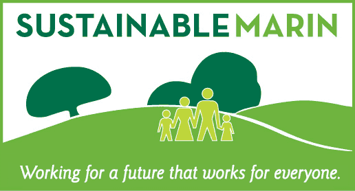 logo, says Sustainable Marin working for a future that works for everyone, shows illustration of family, grassy hills, trees