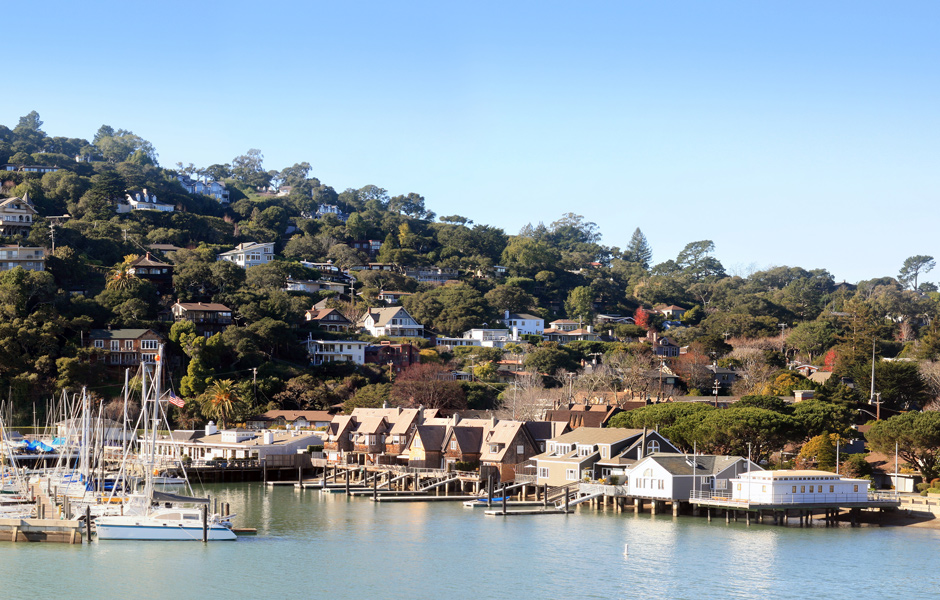 overhead view of City of Belvedere dock, boats, homes on hillside, clear sky