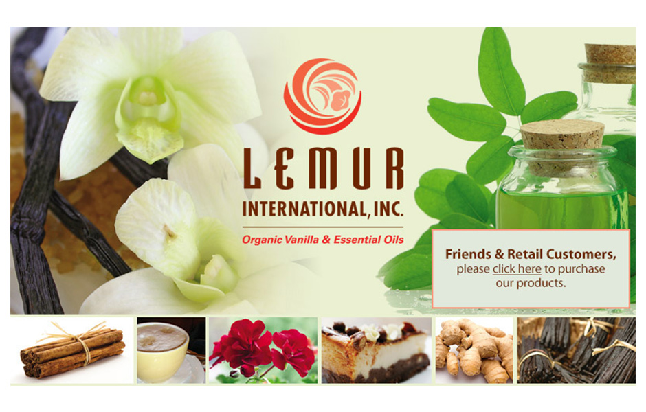 vanilla flowers, small glass bottles, cinnamon sticks, ginger, says Lemur International, organic vanilla and essential oils