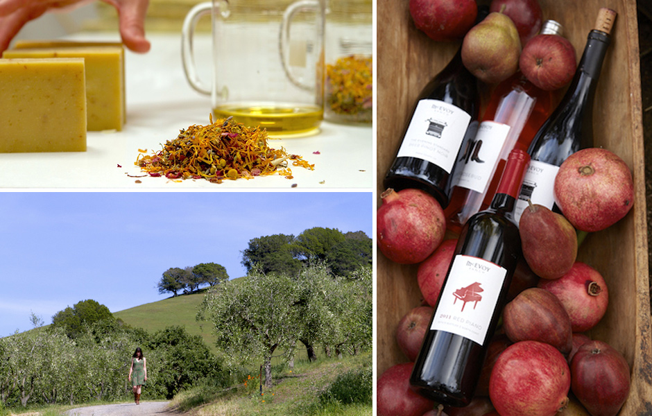 organic soap and spices, woman walking on path, trees, grassy hills, clear sky, four wine bottles, pears, pomegranates