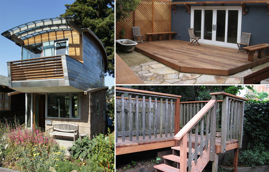 Bodnar Building portfolio, collage, custom wood designed home, back yard deck and stair case