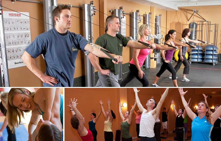 collage, adults in gym doing resistance training, yoga, and massage therapy