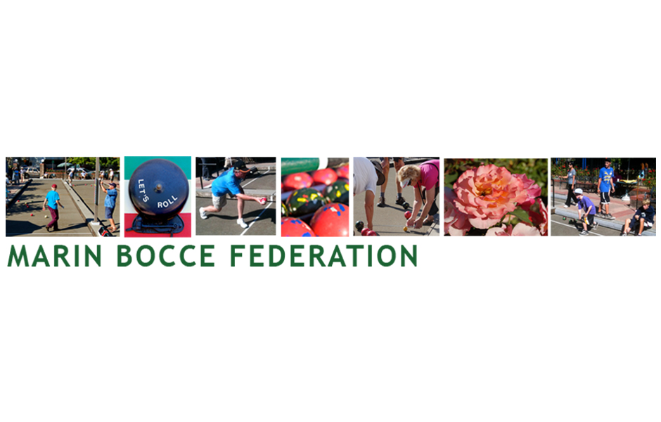 logo, says Marin Bocce Federation, collage, shows bocce balls, flowers, adults playing game