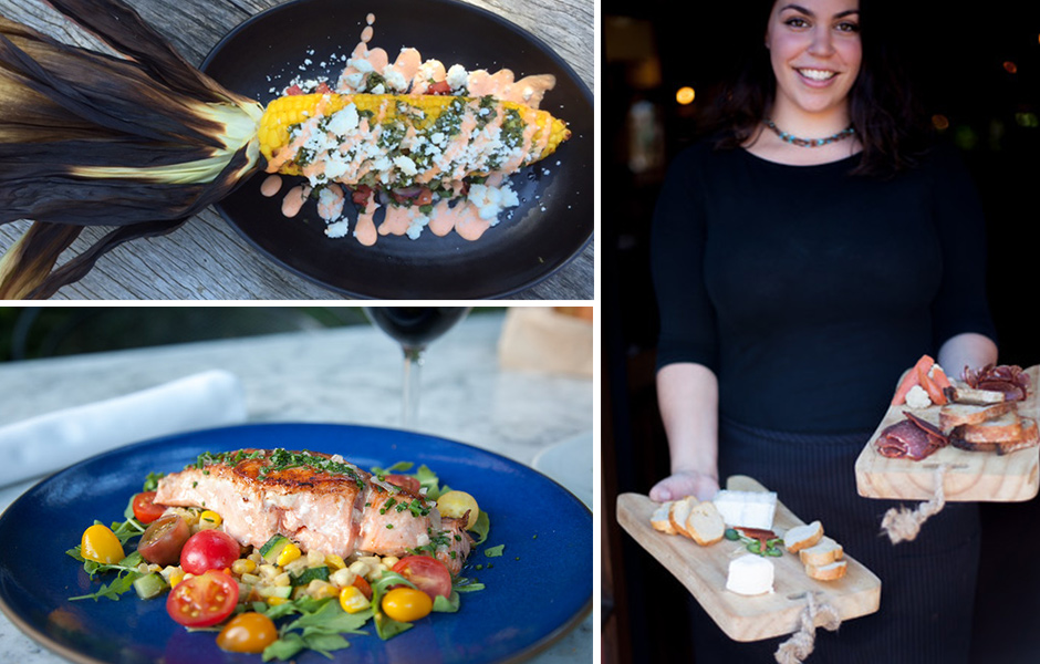collage, ear of corn, spices and sauce, grilled salmon, tomatoes, arugula, smiling waitress holding cheese and meat platters
