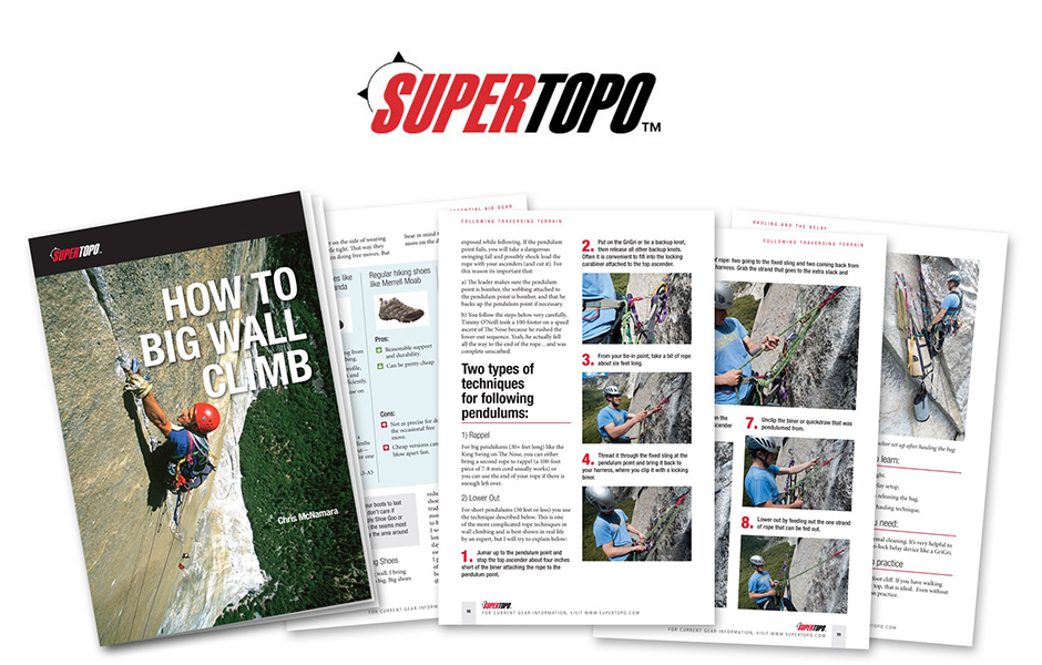 logo, says Supertopo, climbing brochure, says how to big climb wall, two types of techniques for following pendulums