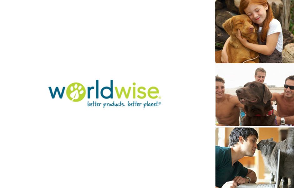 logo, says Worldwise better products better planet, girl hugging dog, three men pet dog on beach, man Eskimo kisses cat