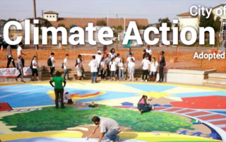 local youth and adults work on mural in community park, text overlay says City of Richmond Climate Action Plan