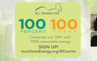 illustration shows City of El Cerrito logo, says 100 perecent 100 years, celebrate our 100th with 100% renewable energy