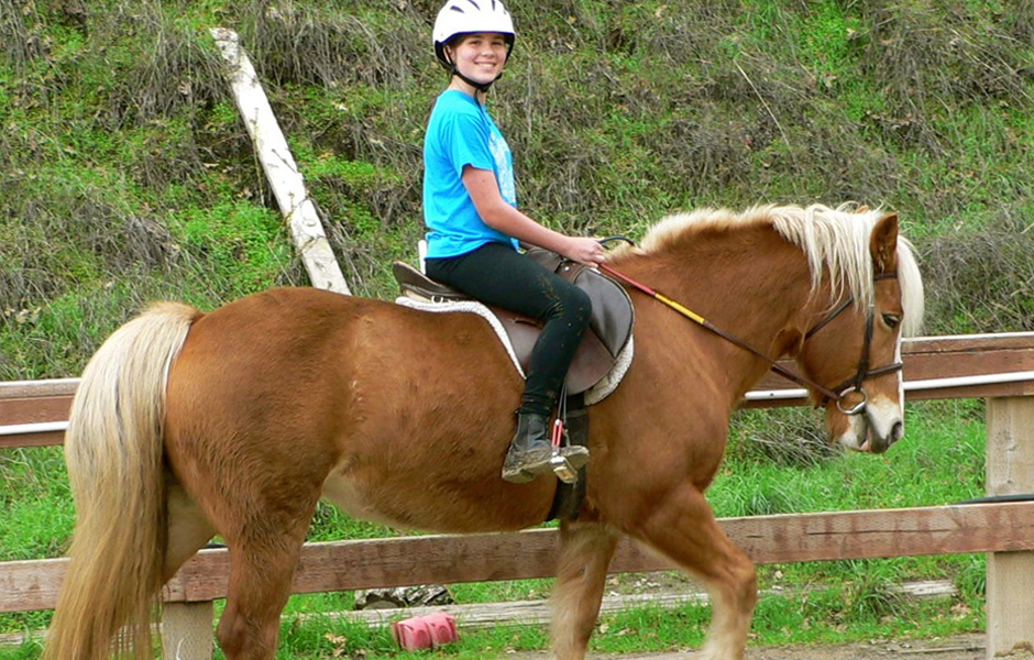female teenager with helmet, slowly riding horse, wood fence and grassy hillside in background