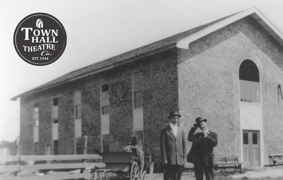 black and white photo of theatre building, logo says Tow Hall Theatre, established 1944