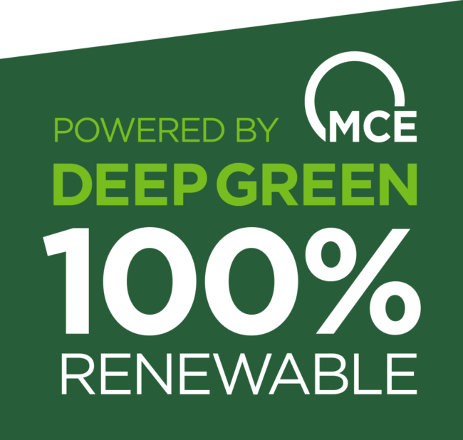 Deep Green logo, tetragon shape, says powered by Deep Green 100% renewable, shows MCE logo
