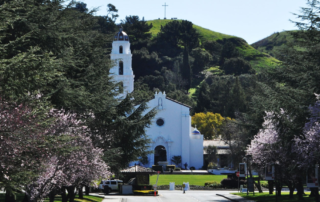 Moraga Town Hall, grassy lawn, trees bloom with flowers, grassy hills, various tree, clear sky
