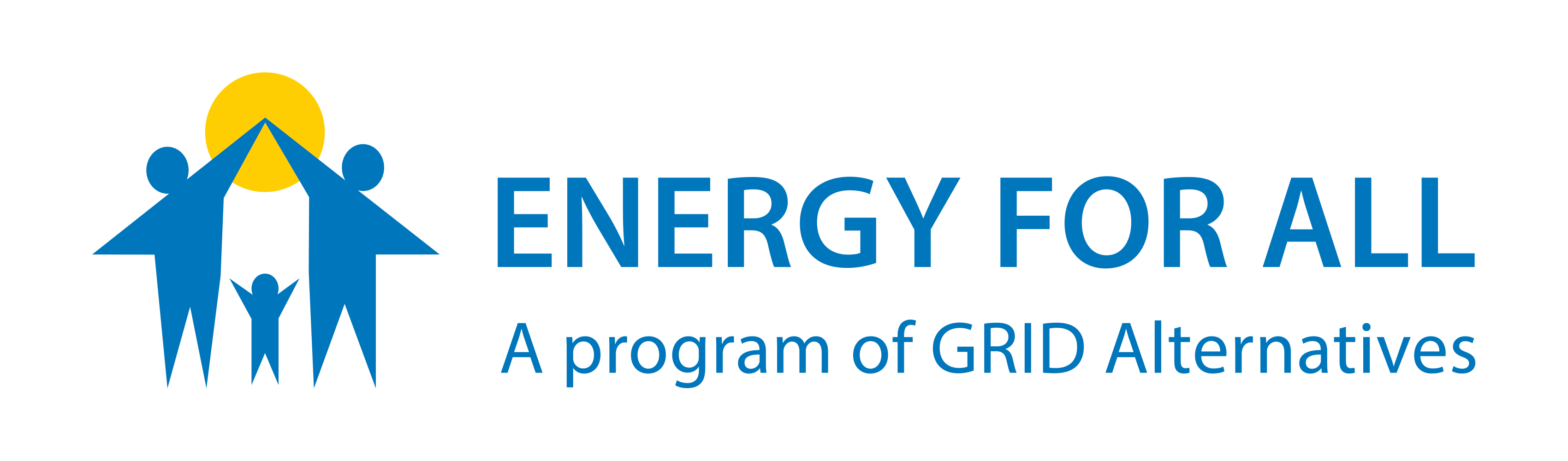 logo, dice Energy For All Un programa de GRID Alternatives, ilustración de dos padres chocando los cinco con un niño, detrás del sol