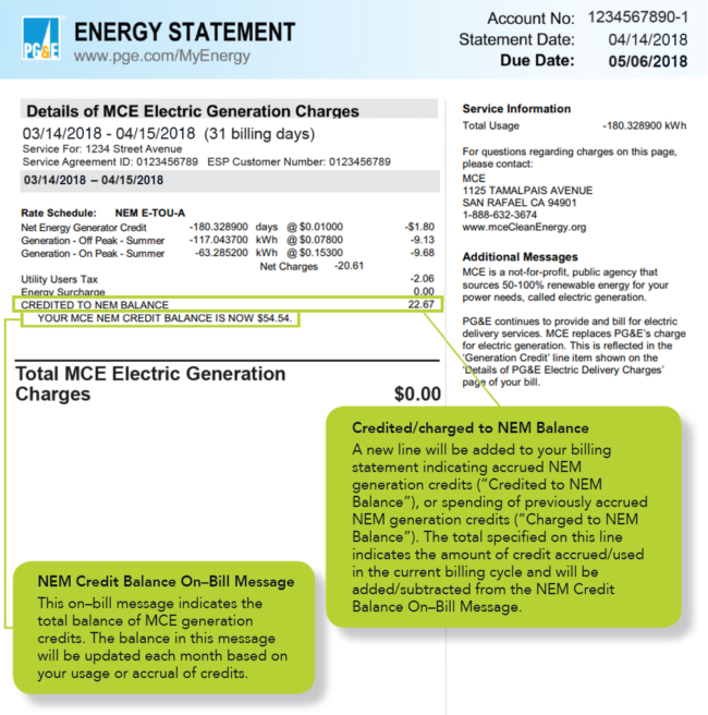sample electric bill showing net energy metering credit accrual in current biling cycle and total balance updated each month