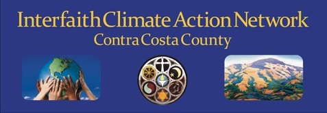 شعار مستطيل ، يقول شبكة العمل المناخي المشتركة بين الأديان ، مقاطعة كونترا كوستا ، يوحد الأيدي التي تلامس كوكب الأرض