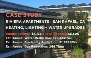 second floor view of apartment complex, solar panels on roof top, swimming pool, says case study Riviera Apartments