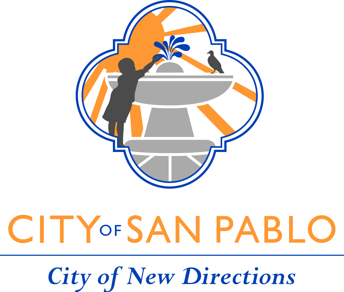 City of San Pablo logo, says City of San Pablo, City of New Direction, shows illustration of child, bird, sun, water fountain