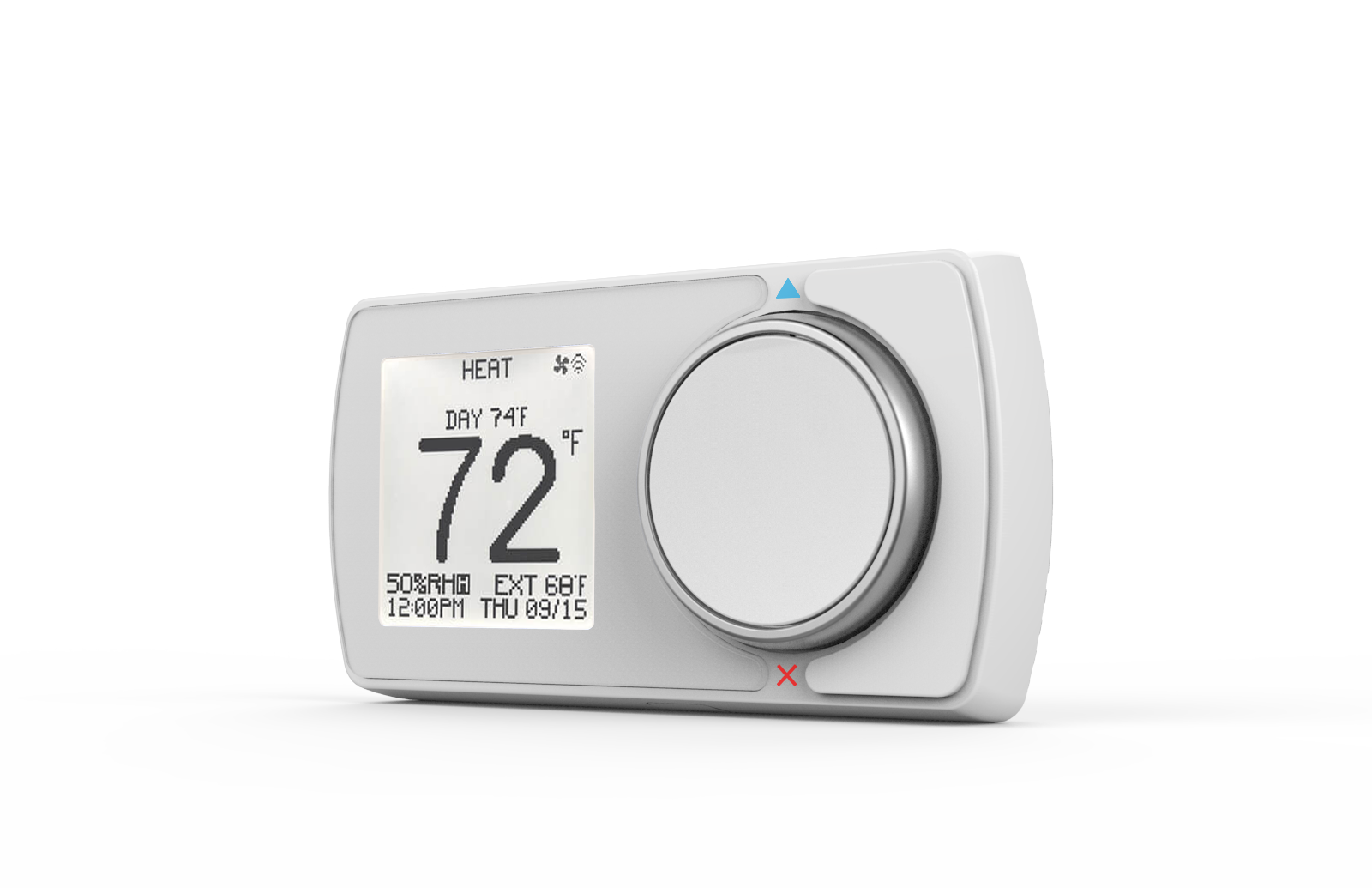smart thermostat with dial and digital interface stating date, time, indoor and outdoor temperature measured in fahrenheit