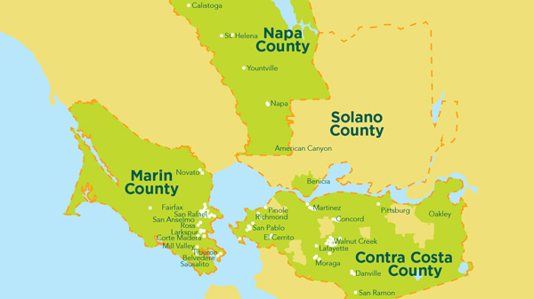 illustrated map of MCE member communities, Marin, Contra Costa, Napa and Solano Counties