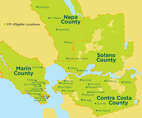 illustrated map of Feed-In Tariff eligible locations in Contra Costa, Marin, Napa and Solano Counties