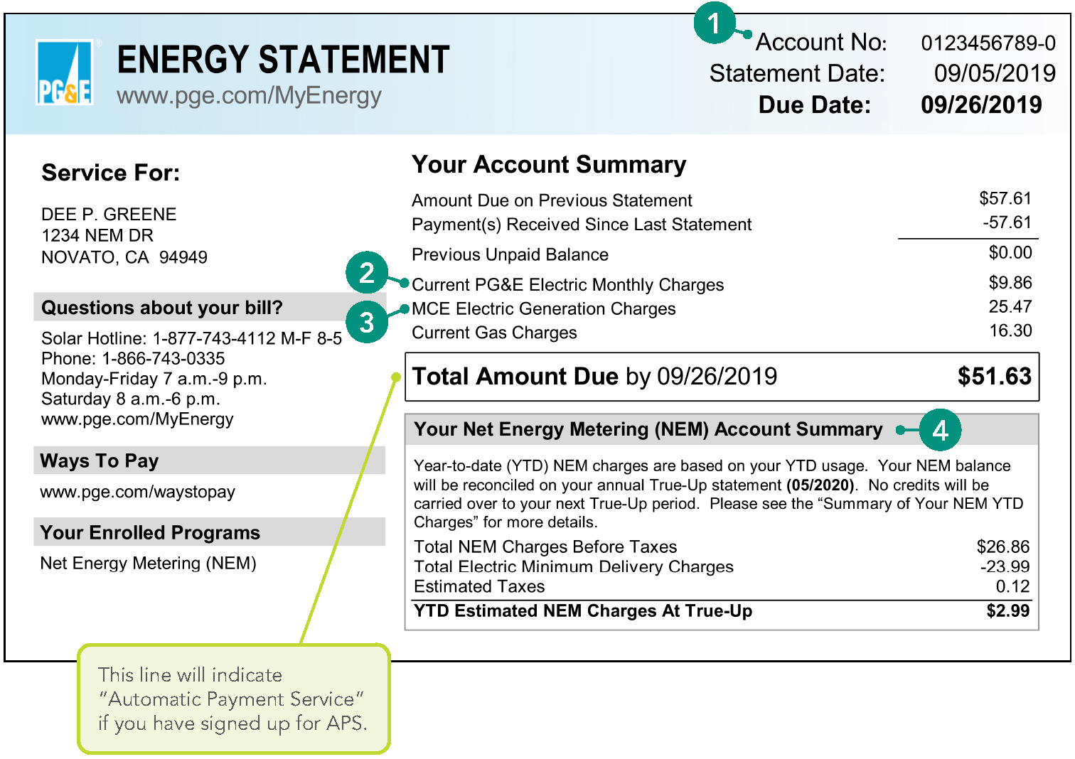 Page 1 of Net Energy Metering Sample Bill