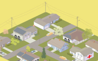 illustration of microgrid with solar panels, battery storage, homes, and critical facilities