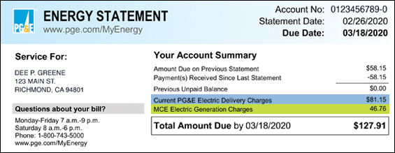 Page 1 of PG&E monthly billing statement, account summary and the separation of PG&E and MCE charges