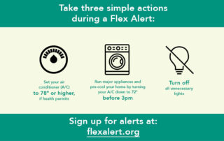Image suggests setting thermostats to 78 degrees, not operating major appliances, and turning of electricity users like lights when not needed to reduce energy consumption during the Flex Alert from 3 to 9 pm