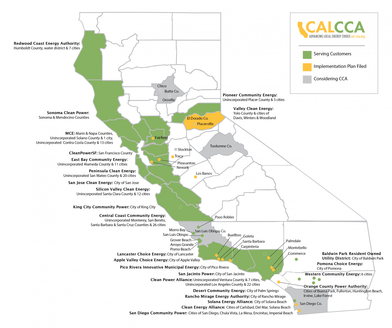 CalCCA Infographic showing service areas of CCAs across California