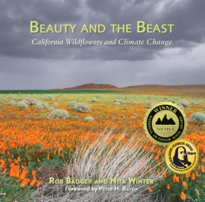 Beauty and the Beast California Wildflowers and Climate Change coffee table book cover: field of orange California Poppies under dark gray clouds