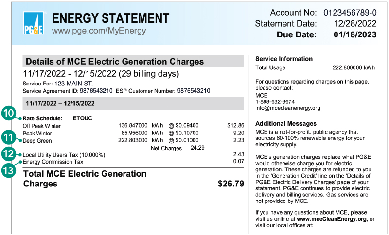 образец счета за электроэнергию, показывающий график тарифов для клиентов, общую сумму Deep Green, налог на коммунальные услуги, дополнительную плату за электроэнергию